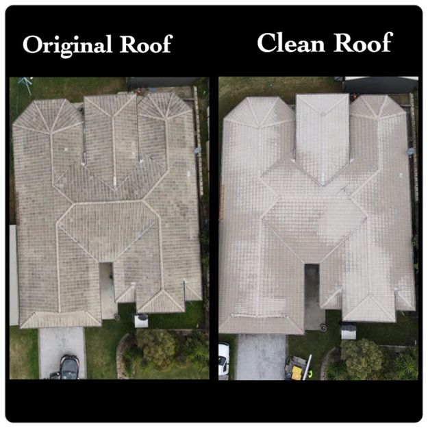 Birds eye view of a roof before and after being cleaned
